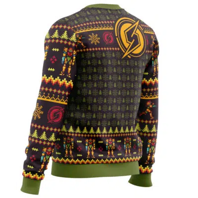 The Santa Samus Aran Metroid Ugly Christmas Sweater features festive trees, snowflakes, a reindeer, a bold yellow lightning bolt logo on the back, and green cuffs, collar, and hem.