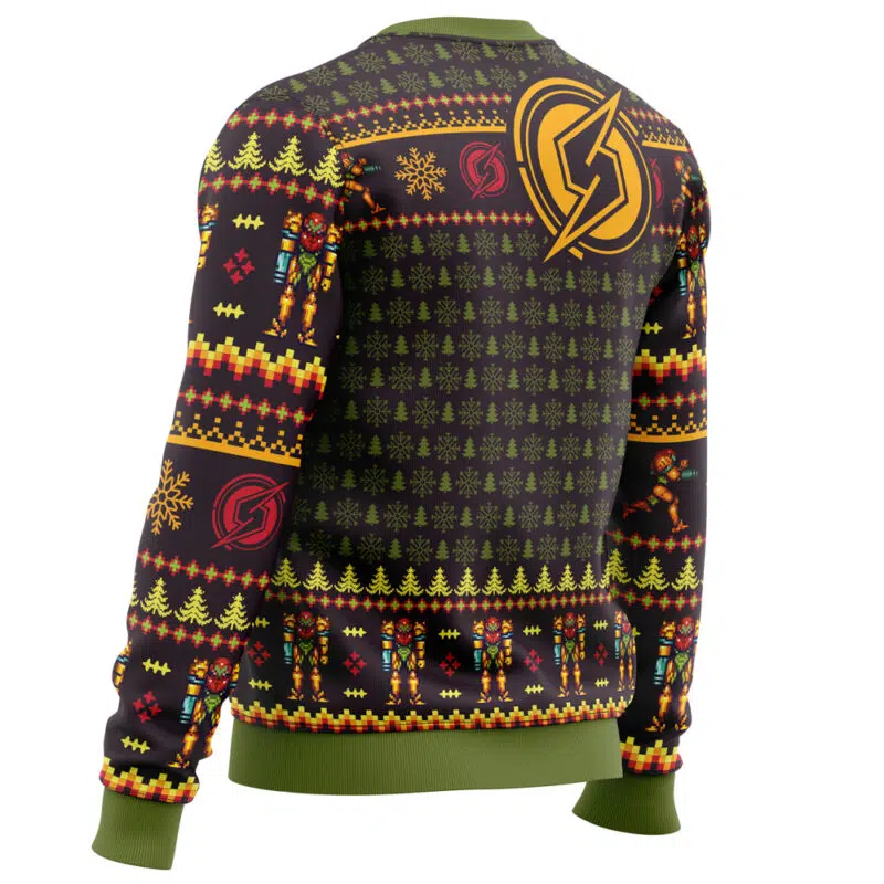 The Santa Samus Aran Metroid Ugly Christmas Sweater features festive trees, snowflakes, a reindeer, a bold yellow lightning bolt logo on the back, and green cuffs, collar, and hem.