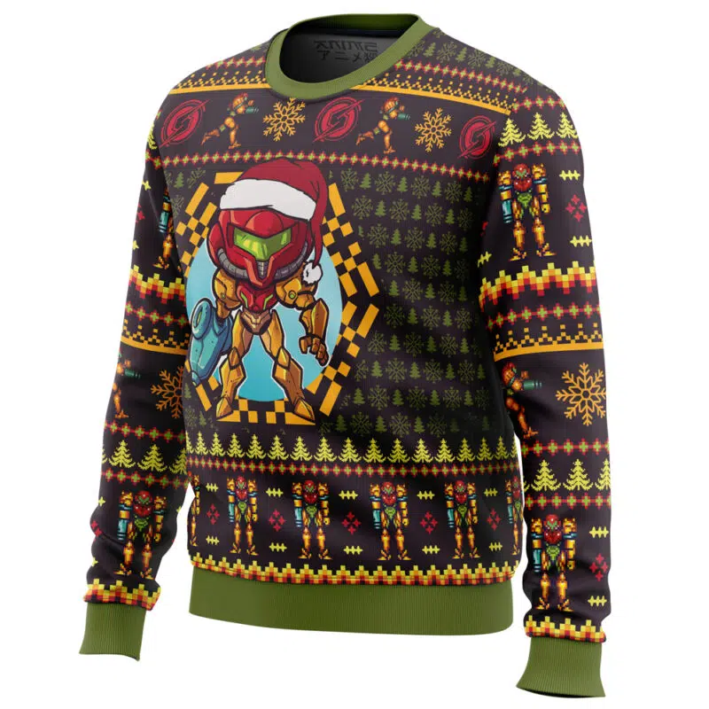 The Santa Samus Aran Metroid Ugly Christmas Sweater features a festive robot in a Santa hat, surrounded by pixel art snowflakes, gifts, and holiday patterns in green, yellow, red, and blue on black with green cuffs and collar.