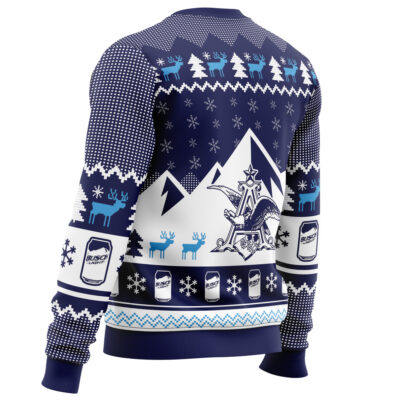 The Show Me Your Busch Ugly Christmas Sweater features navy and white mountain graphics, moose, snowflakes, Busch Light cans, and a large Busch Light logo on the back for a festive holiday look.