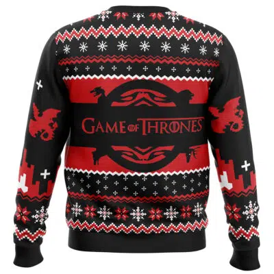 The Game of Thrones House Targaryen Ugly Christmas Sweater showcases dragon silhouettes, the series logo, and winter-themed patterns in red, black, and white with snowflakes and geometric designs.