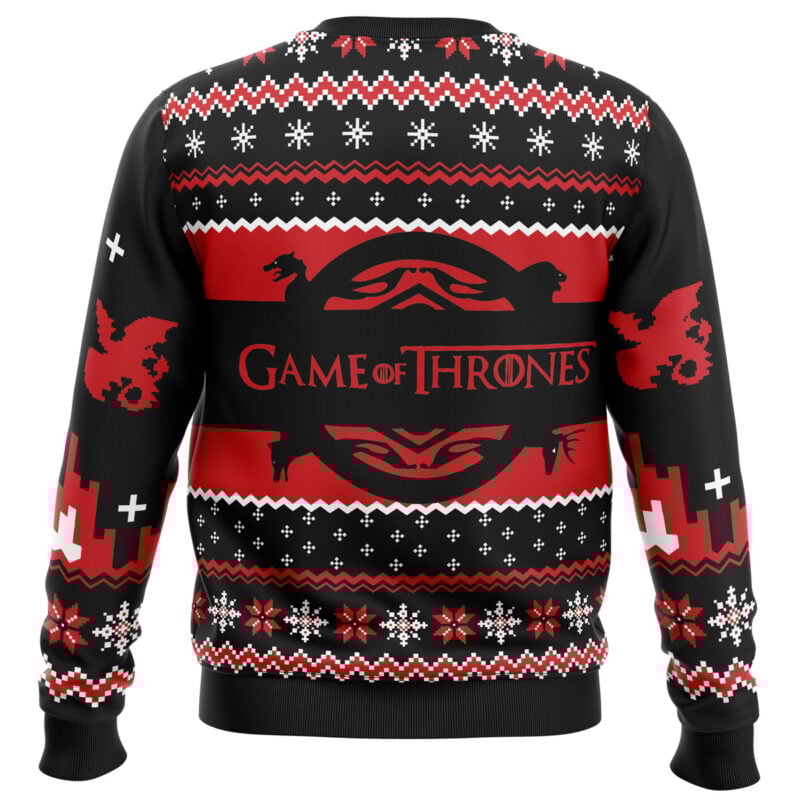 The Game of Thrones House Targaryen Ugly Christmas Sweater showcases dragon silhouettes, the series logo, and winter-themed patterns in red, black, and white with snowflakes and geometric designs.