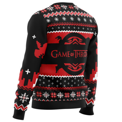 The Game of Thrones House Targaryen Ugly Christmas Sweater features red, white, and black patterns with dragon silhouettes, snowflakes, and the show's text on the back.