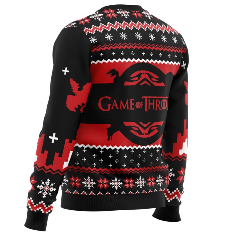 The Game of Thrones House Targaryen Ugly Christmas Sweater features red, white, and black patterns with dragon silhouettes, snowflakes, and the show's text on the back.