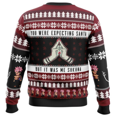 The You Were Expecting Santa Sukuna Jujutsu Kaisen Ugly Christmas Sweater features white trees, snowflakes, pixel art hands, the text "You were expecting Santa but it was me Sukuna," and anime-style characters along the bottom.