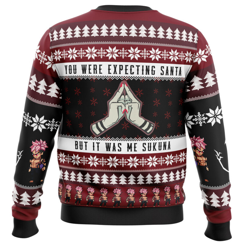 The You Were Expecting Santa Sukuna Jujutsu Kaisen Ugly Christmas Sweater features white trees, snowflakes, pixel art hands, the text "You were expecting Santa but it was me Sukuna," and anime-style characters along the bottom.
