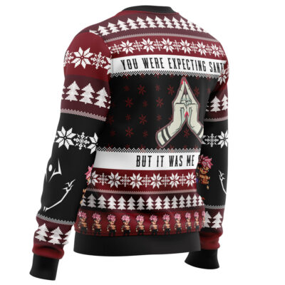 The You Were Expecting Santa Sukuna Jujutsu Kaisen Ugly Christmas Sweater features red, white, and black patterns with snowflakes, Christmas trees, pixel art characters, and the quote "You were expecting Santa, but it was me" above praying hands.