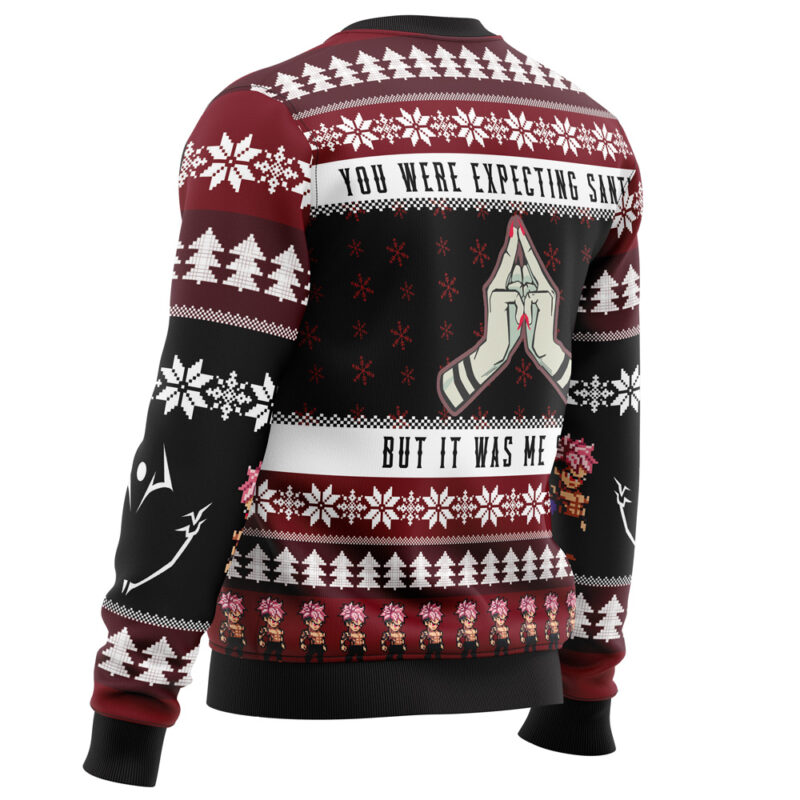 The You Were Expecting Santa Sukuna Jujutsu Kaisen Ugly Christmas Sweater features red, white, and black patterns with snowflakes, Christmas trees, pixel art characters, and the quote "You were expecting Santa, but it was me" above praying hands.
