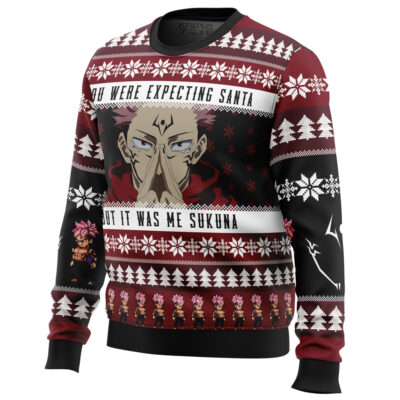 The "You Were Expecting Santa Sukuna Jujutsu Kaisen Ugly Christmas Sweater" features a large anime character with spiky hair and facial markings, snowflake patterns, festive text, and small character images along the bottom.