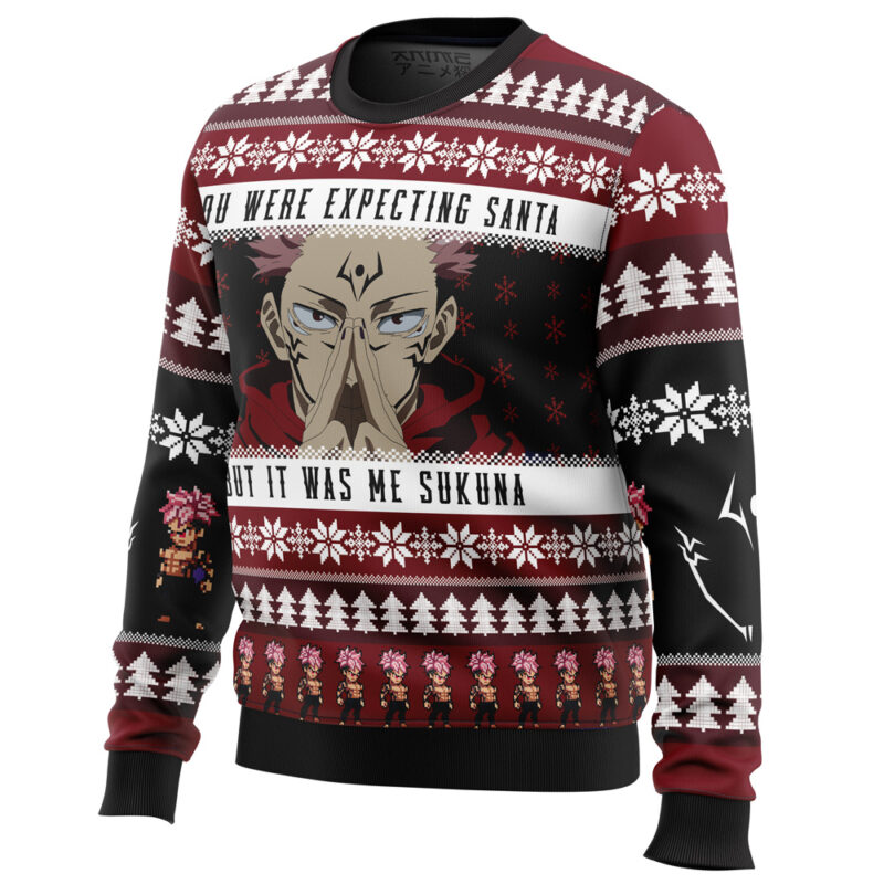 The "You Were Expecting Santa Sukuna Jujutsu Kaisen Ugly Christmas Sweater" features a large anime character with spiky hair and facial markings, snowflake patterns, festive text, and small character images along the bottom.
