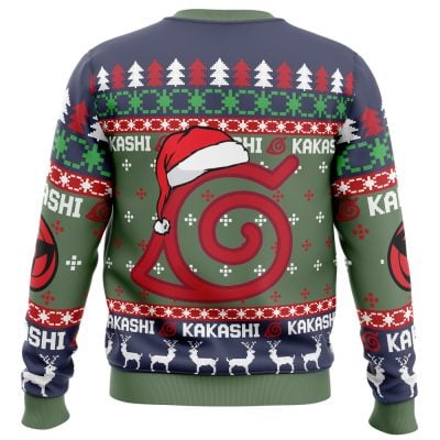 The Christmas Kakashi Hatake Shippuden Christmas Sweater features a festive red Naruto leaf symbol with a Santa hat, surrounded by trees, reindeer, and "Kakashi" in holiday patterns on green, navy, and red.