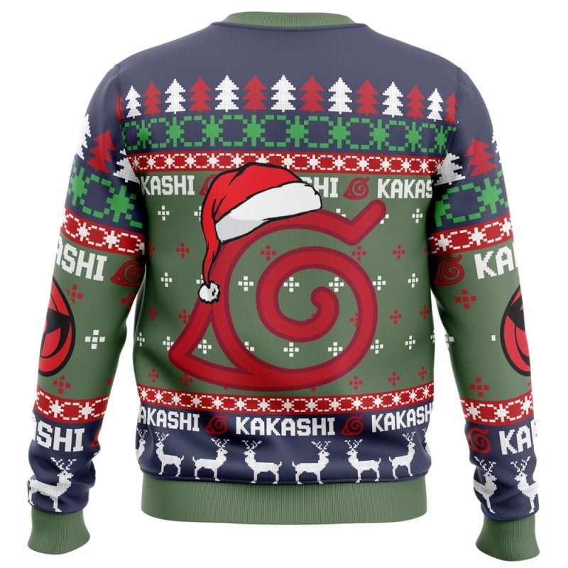 The Christmas Kakashi Hatake Shippuden Christmas Sweater features a festive red Naruto leaf symbol with a Santa hat, surrounded by trees, reindeer, and "Kakashi" in holiday patterns on green, navy, and red.