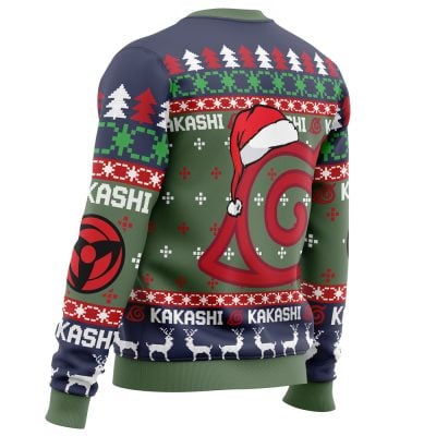 The Christmas Kakashi Hatake Shippuden Christmas Sweater showcases Kakashi-inspired patterns, red ninja symbols, Christmas trees, snowflakes, reindeer, a large red spiral with a Santa hat on the back, and "KAKASHI" repeated in white text.