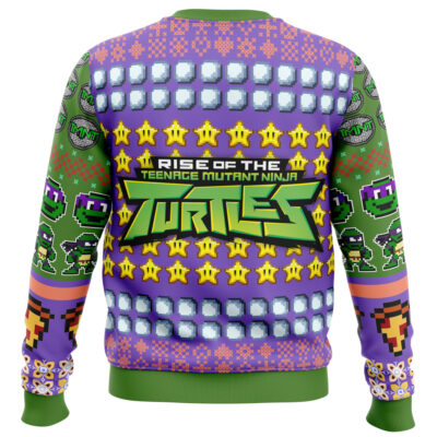 The Donatello Rise of the Teenage Mutant Ninja Turtles Ugly Christmas Sweater features an 8-bit TMNT logo, pixel turtle faces, stars, and patterns in green, purple, yellow, and orange on a white background.