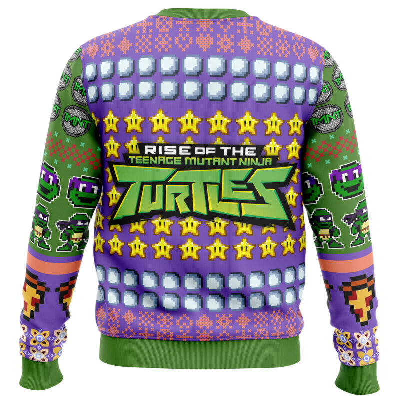 The Donatello Rise of the Teenage Mutant Ninja Turtles Ugly Christmas Sweater features an 8-bit TMNT logo, pixel turtle faces, stars, and patterns in green, purple, yellow, and orange on a white background.