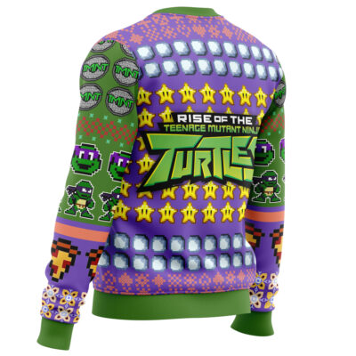 The Donatello Rise of the Teenage Mutant Ninja Turtles Ugly Christmas Sweater showcases pixel art, stars, turtle faces, and TNT lids on a bold purple and green background, with graphics covering the back, sleeves, and waistband.