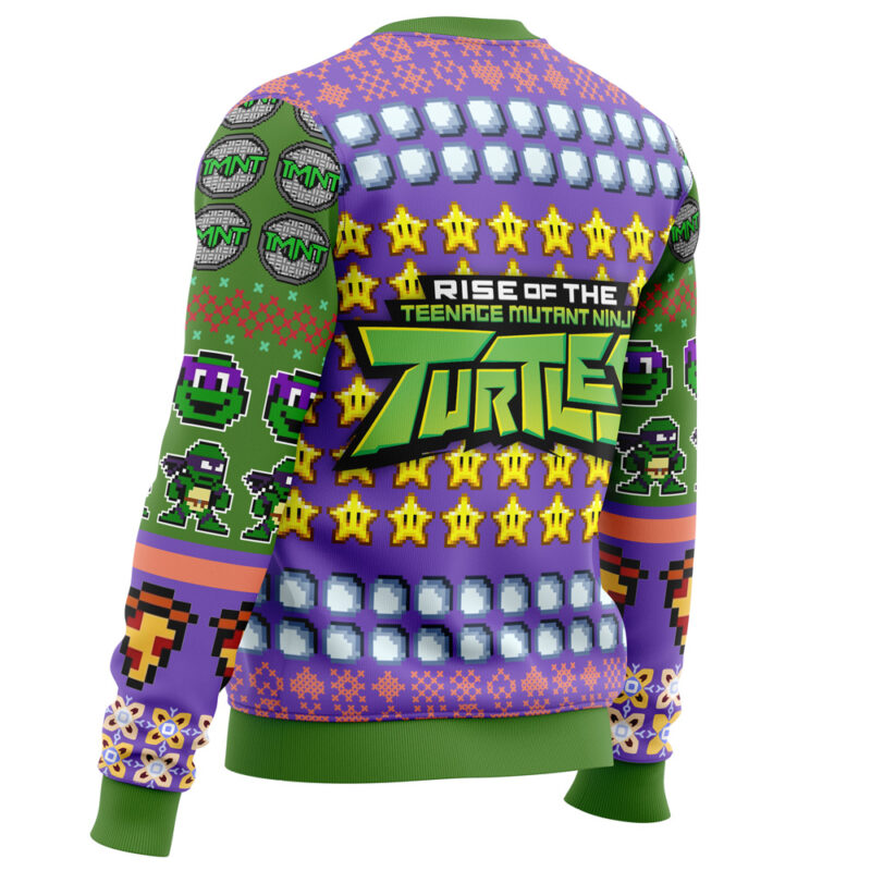 The Donatello Rise of the Teenage Mutant Ninja Turtles Ugly Christmas Sweater showcases pixel art, stars, turtle faces, and TNT lids on a bold purple and green background, with graphics covering the back, sleeves, and waistband.
