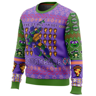 The Donatello Rise of the Teenage Mutant Ninja Turtles Ugly Christmas Sweater features Donatello, pixel art pizza slices, and phrases like BOOYAKASHA on a purple and green background.