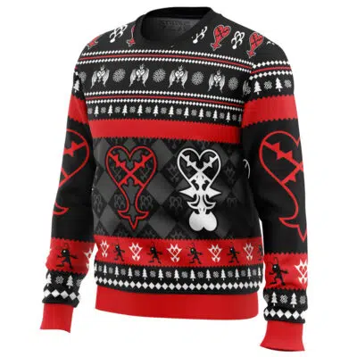 The Heartless Christmas Kingdom Hearts Ugly Christmas Sweater features black, red, and white colors with heart, crown, and key-shaped patterns plus video game-inspired geometric and character motifs.