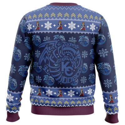 The Kaiba Blue-Eyes White Dragon Christmas Yugioh Ugly Christmas Sweater is blue with white snowflakes, red-dressed cartoon figures, circular designs, a large Blue-Eyes White Dragon in the center, and maroon cuffs and collar.