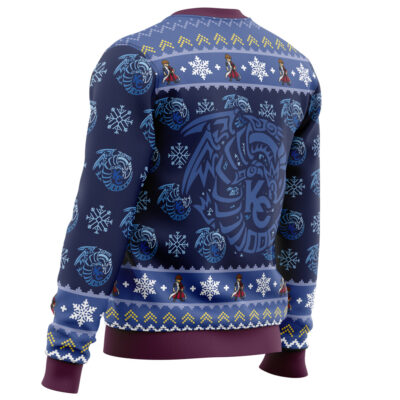 The Kaiba Blue-Eyes White Dragon Christmas Yugioh Ugly Christmas Sweater features white snowflakes, small wizard figures, bold blue designs, maroon collar/cuffs/hem, and a large ornate circular emblem on the back.