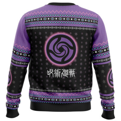 The Satoru Gojo Jujutsu Kaisen Ugly Christmas Sweater features a black and purple color scheme with swirling circular symbols, snowflakes, and Japanese text, blending festive holiday motifs with anime-inspired style.