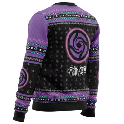 A person wearing the Satoru Gojo Jujutsu Kaisen Ugly Christmas Sweater, featuring purple and black patterns, snowflakes, a swirling symbol, Japanese characters on the back, and black cuffs and collar.
