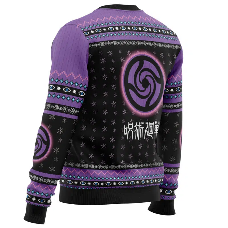A person wearing the Satoru Gojo Jujutsu Kaisen Ugly Christmas Sweater, featuring purple and black patterns, snowflakes, a swirling symbol, Japanese characters on the back, and black cuffs and collar.