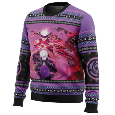 The Satoru Gojo Jujutsu Kaisen Ugly Christmas Sweater is purple and black, featuring white-haired anime characters with glowing orbs, red energy, geometric patterns, and snowflakes on the sleeves and chest.