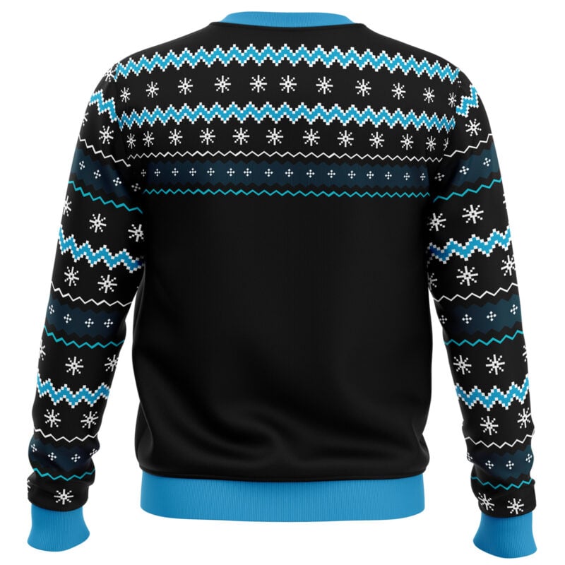 The Gingerbread Cookie Monster Ugly Christmas Sweater is black with blue cuffs and collar, decorated with rows of white and blue snowflakes and zigzag patterns for a festive winter look.