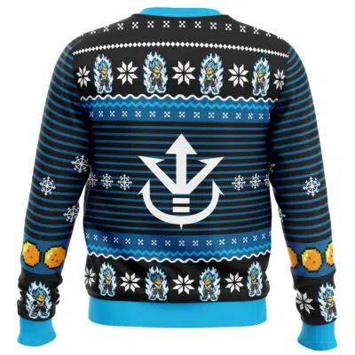 Back view of the Super Saiyan Blue Vegeta Ugly Christmas Sweater featuring blue cuffs and collar, white snowflakes, blue and black stripes, pixel-style characters, orange ornaments, and a large white emblem in the center.