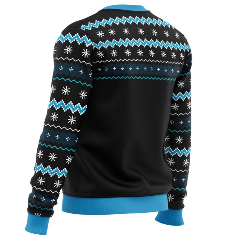 The Gingerbread Cookie Monster Ugly Christmas Sweater is black with blue cuffs and waistband, decorated with white and blue snowflake and zigzag patterns on the sleeves, shoulders, and upper back for a festive winter look.