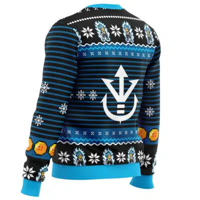 The Super Saiyan Blue Vegeta Ugly Christmas Sweater features blue and black stripes, white snowflakes, a large white arrow on the back, small character graphics, orange circles on the sleeves, and bright blue cuffs and collar.
