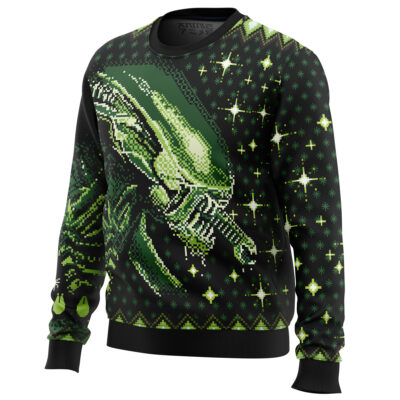 The Xenomorph Alien Ugly Christmas Sweater is black and green, featuring a pixelated alien design, star accents, and geometric shapes for a festive holiday look.