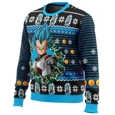 The Super Saiyan Blue Vegeta Ugly Christmas Sweater showcases Vegeta with blue hair and armor amid snowflakes, orange dragon balls, and blue stripes. Bright blue cuffs, collar, and hem complete the festive look.