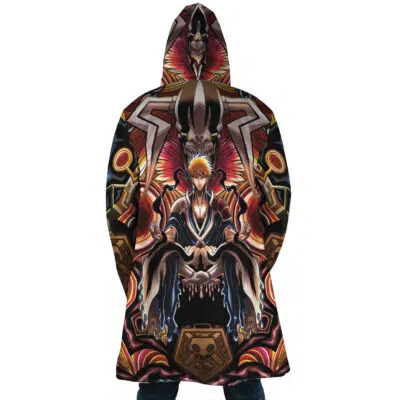 Someone wearing the Ichigo True Shikai Bleach Dream Cloak Coat, which features a vibrant anime design of Ichigo in his true Shikai form on the back, surrounded by detailed patterns and mystical elements.