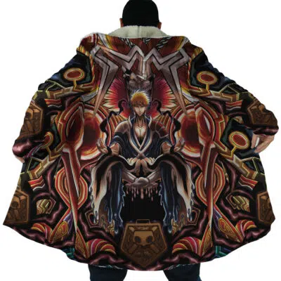 Someone wearing the Ichigo True Shikai Bleach Dream Cloak Coat, featuring a striking anime design of Ichigo on a throne, surrounded by detailed red, gold, and black patterns with dramatic flair.