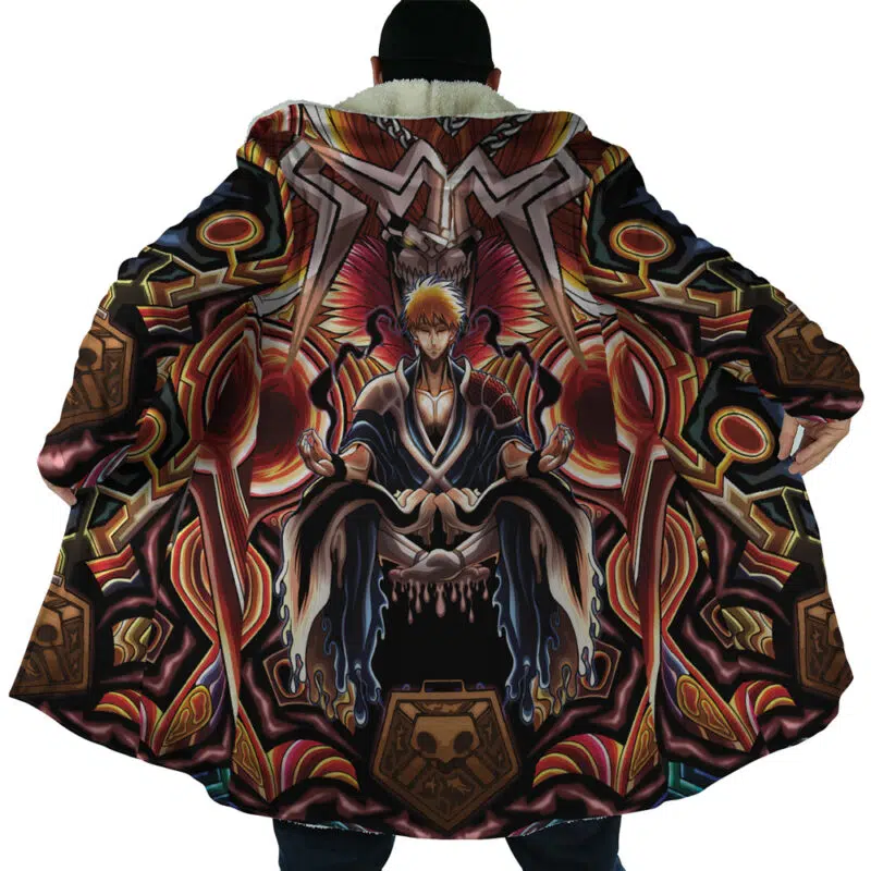 Someone wearing the Ichigo True Shikai Bleach Dream Cloak Coat, featuring a striking anime design of Ichigo on a throne, surrounded by detailed red, gold, and black patterns with dramatic flair.