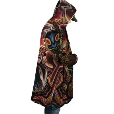 Someone wearing the Ichigo True Shikai Bleach Dream Cloak Coat, a hooded cloak featuring vibrant, detailed fantasy art with a mystical figure, glowing eyes, and intricate red, gold, and black patterns.