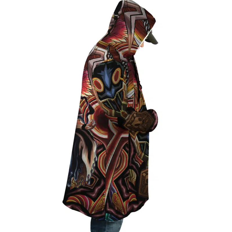 Someone wearing the Ichigo True Shikai Bleach Dream Cloak Coat, a hooded cloak featuring vibrant, detailed fantasy art with a mystical figure, glowing eyes, and intricate red, gold, and black patterns.