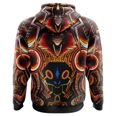 The Ichigo True Shikai Bleach Hoodie features a bold, tribal-inspired design with vivid red, orange, and gold patterns resembling abstract flames and fierce animal faces on the back.