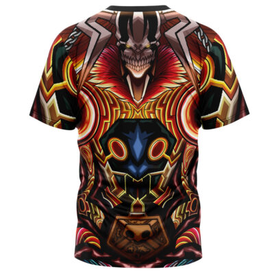 The Ichigo True Shikai Bleach T-Shirt is a short-sleeved tee with a bold, colorful abstract design featuring a fierce demonic face, geometric patterns, and vibrant red, yellow, and blue accents for an intense visual impact.