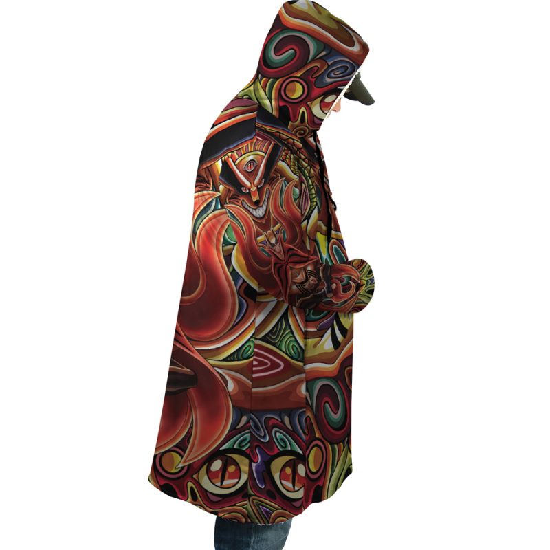 A person in profile, facing left, wears the Trippy Shippuden Baryon Mode Boruto Dream Cloak Coat—a vibrant hooded coat with swirling abstract patterns and bold shapes in dominant red, yellow, and green tones.