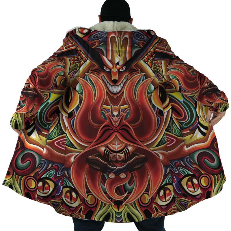 A person wearing the Trippy Shippuden Baryon Mode Boruto Dream Cloak Coat, featuring vibrant swirling patterns and bold red-orange demonic faces on the back, is seen from behind with arms outstretched.