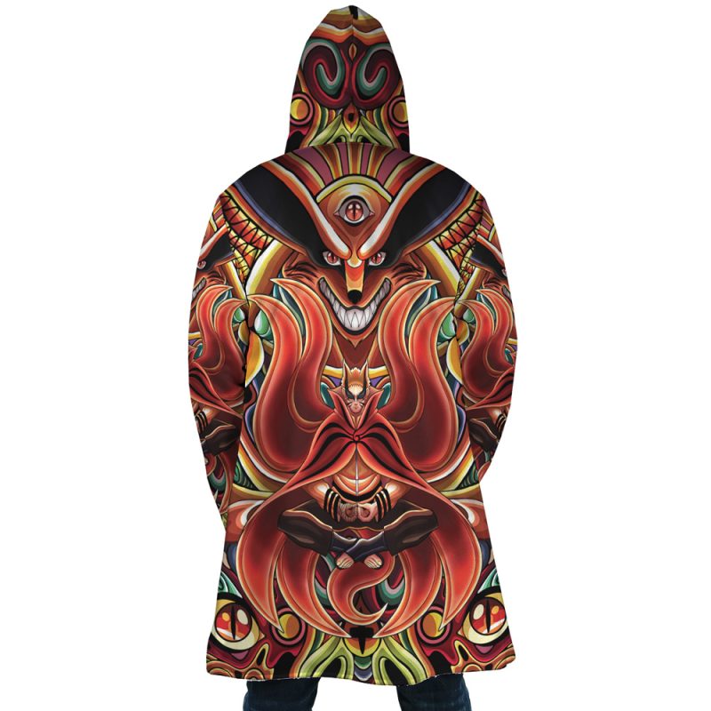 A person, facing away from the camera, wears the Trippy Shippuden Baryon Mode Boruto Dream Cloak Coat featuring a vibrant red, gold, and black abstract design with faces and intricate patterns on the back.