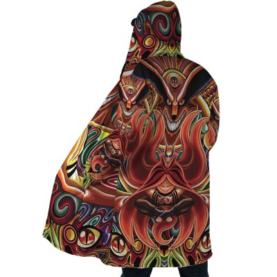 Person wearing the Trippy Shippuden Baryon Mode Boruto Dream Cloak Coat, covered in vibrant psychedelic patterns with symmetrical abstract faces in vivid reds, yellows, and browns. The artistic design fully covers the cloak.
