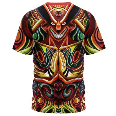 The Trippy Shippuden Baryon Mode Boruto T-Shirt features a vivid, abstract design with a demonic face, sharp teeth, horns, and a third eye surrounded by swirling red, yellow, green, and black patterns.