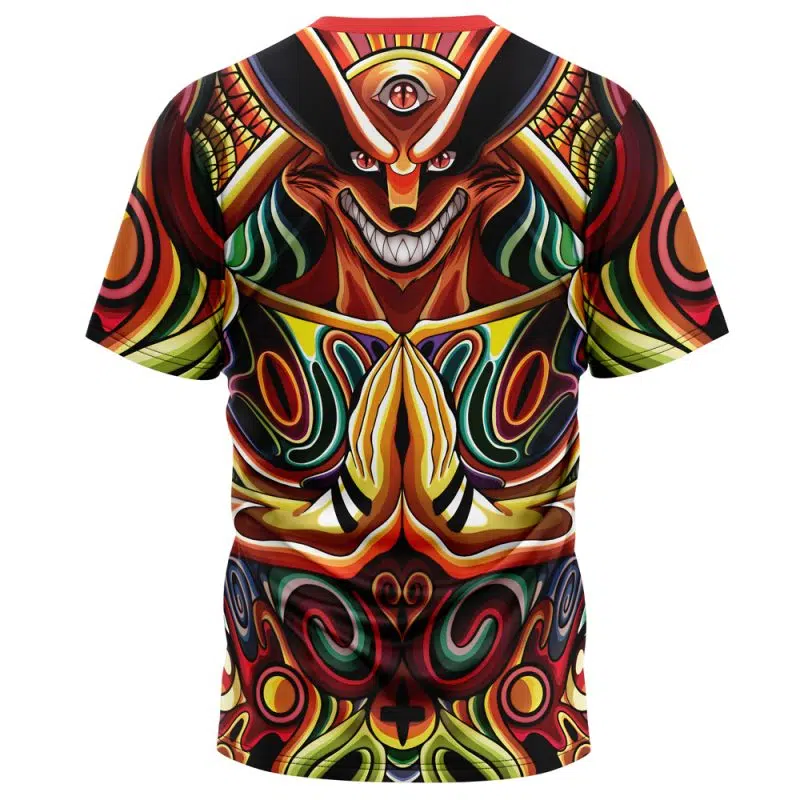 The Trippy Shippuden Baryon Mode Boruto T-Shirt features a vivid, abstract design with a demonic face, sharp teeth, horns, and a third eye surrounded by swirling red, yellow, green, and black patterns.