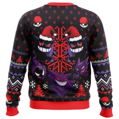 The Ghosts Gengar Ghastly Pokemon Ugly Christmas Sweater showcases pixel art of Poké Balls, Santa hats, and Gastly, Haunter, and Gengar on a mainly black background with red, purple, and white details plus red cuffs and hem.