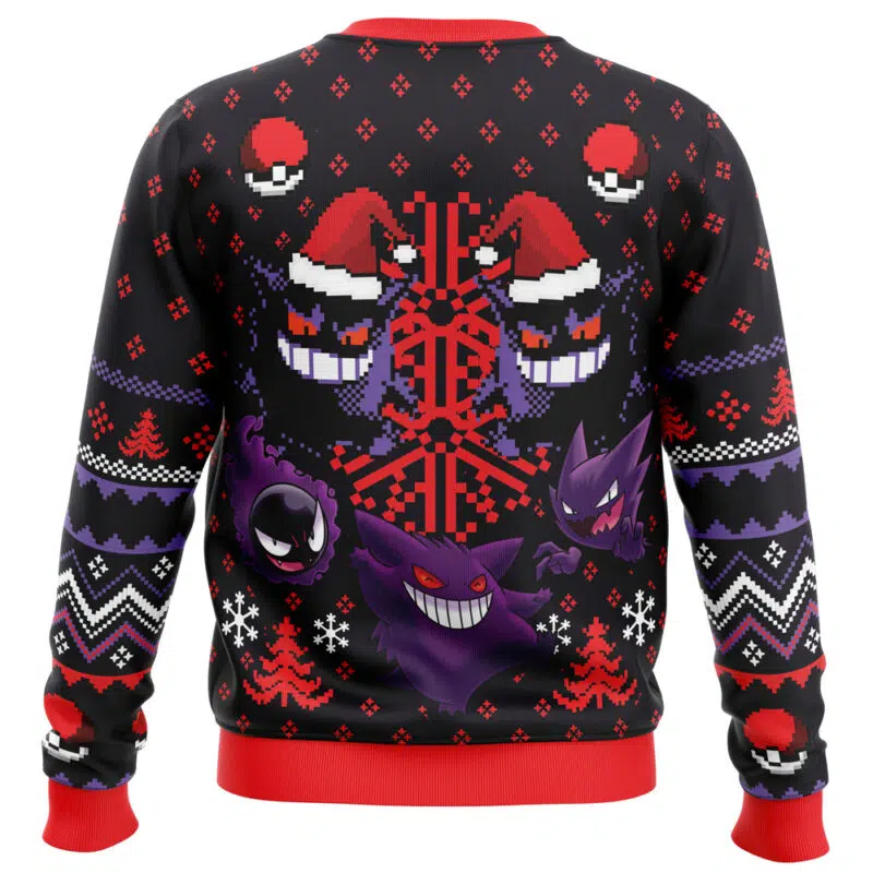 The Ghosts Gengar Ghastly Pokemon Ugly Christmas Sweater showcases pixel art of Poké Balls, Santa hats, and Gastly, Haunter, and Gengar on a mainly black background with red, purple, and white details plus red cuffs and hem.